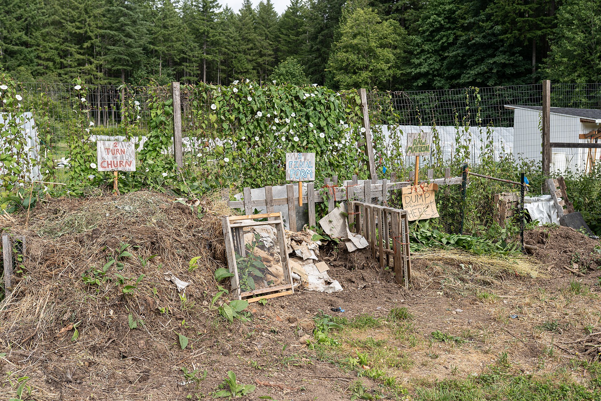 Compost bins in rows at an organic farm